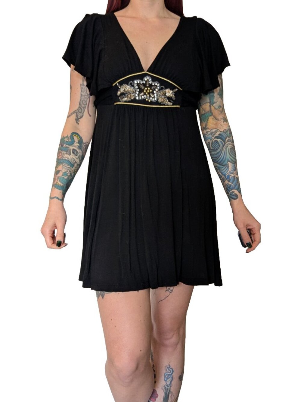 Vintage Forever 21 Babydoll Dress Black with Sequin and Bead Detail | M